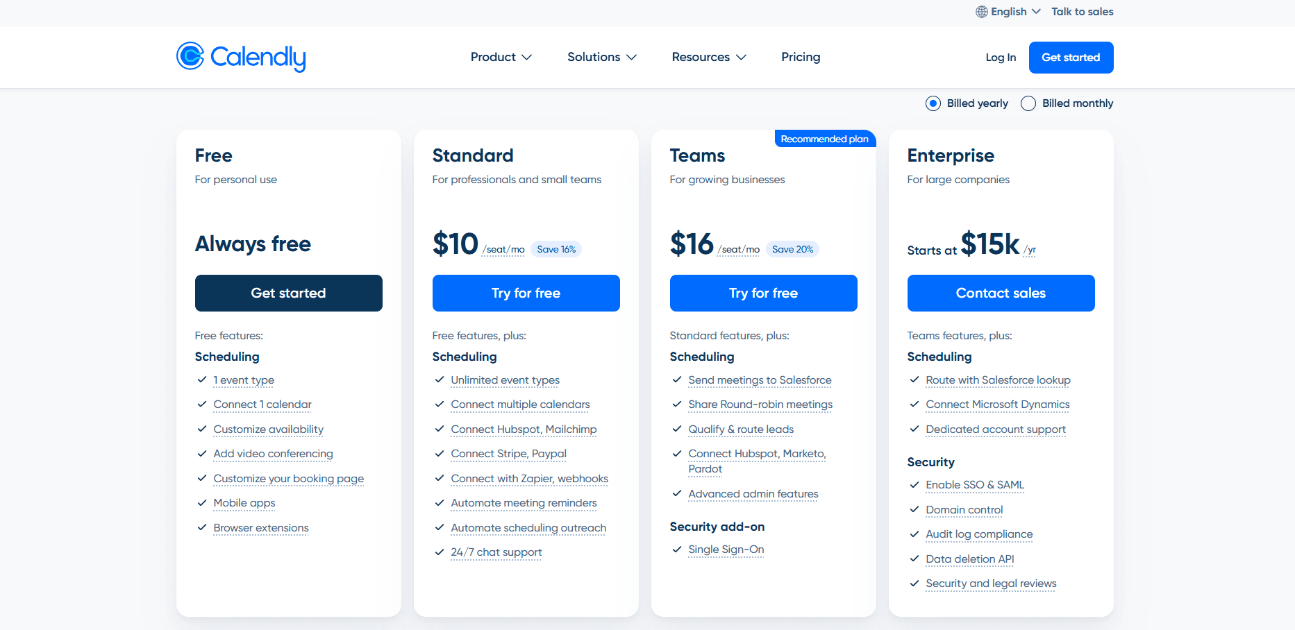 Calendly pricing page