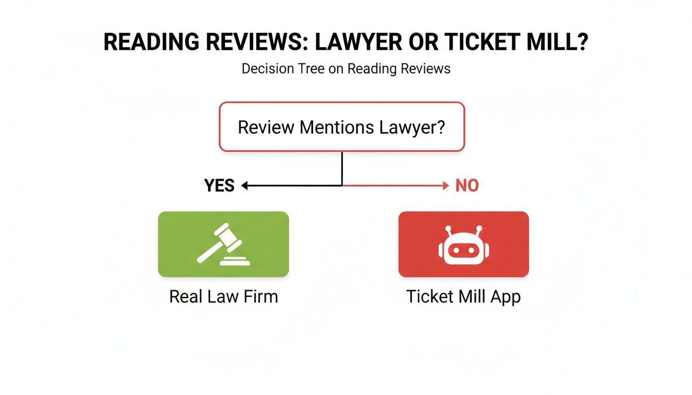 Decision tree guiding users to distinguish between real law firms and ticket mill apps based on review content.