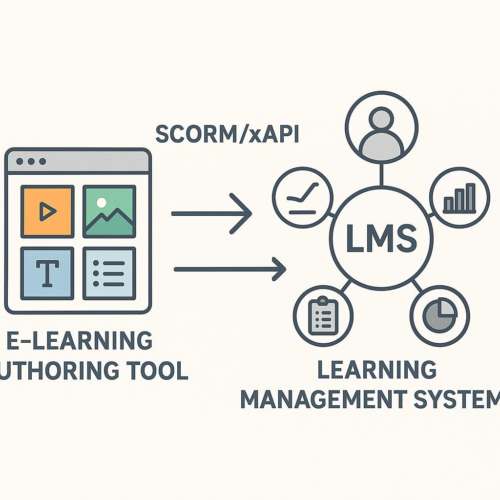 A clean, modern infographic-style illustration demonstrating the seamless integration between an e-learning authoring tool and a Learning Management System (LMS). Arrows flow from the authoring tool (represented by creative content blocks) to the LMS (represented by a central hub with tracking and reporting icons). The visual emphasizes SCORM/xAPI compliance and the smooth transfer of courses and learner data, symbolizing efficiency and a unified learning ecosystem.