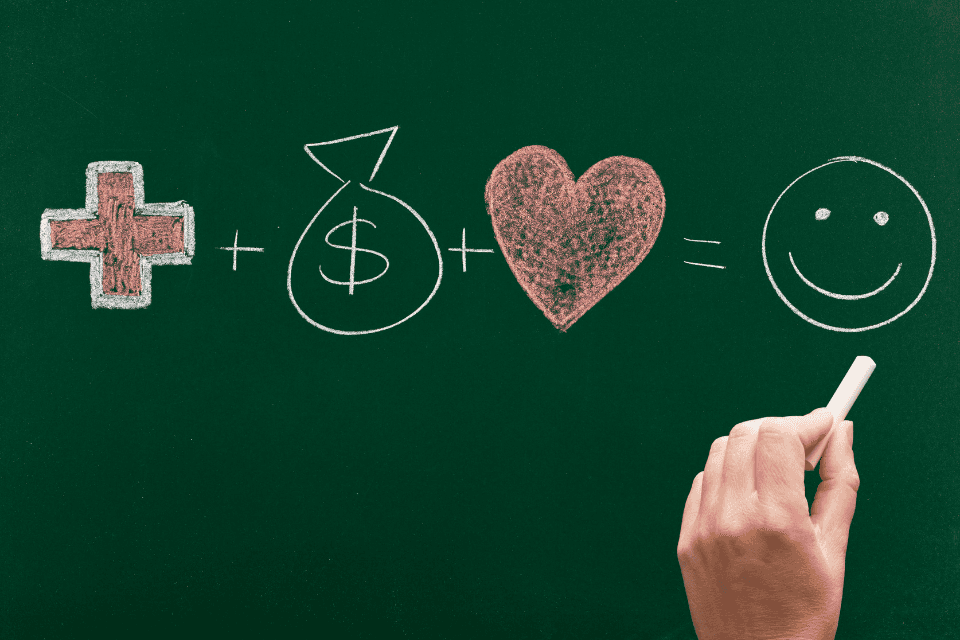 Chalkboard drawing of health, money and heart symbols equaling a smiley face, illustrating the neatSHIFT piece on healthcare access and affordability