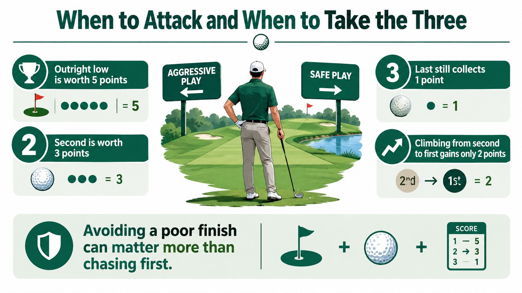 A visual guide explaining the scoring system for a 9 point golf game strategy.