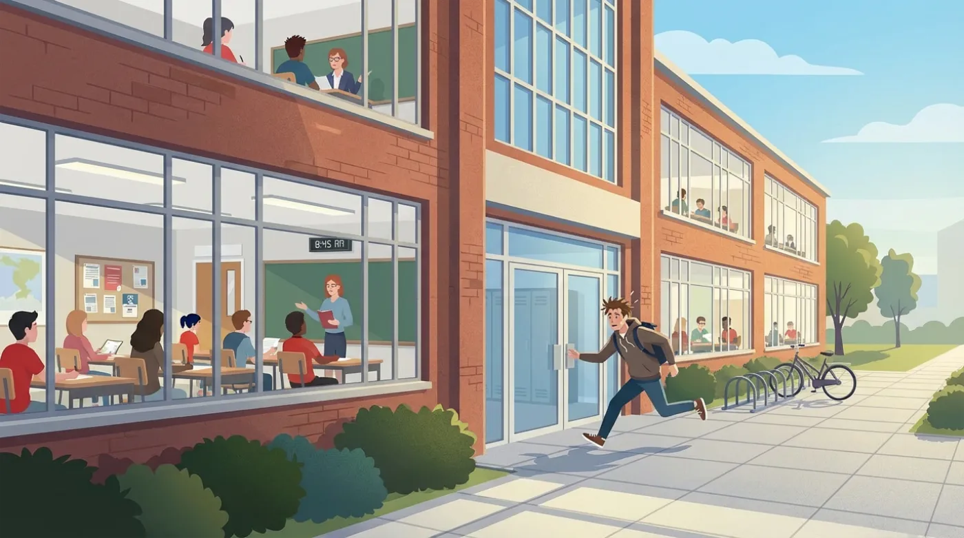 Illustration of a teenage boy arriving late at school, checking the time outside the entrance.