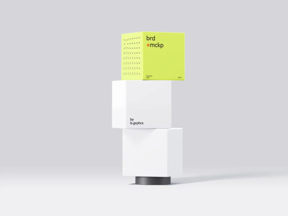 Stacked box mockup featuring a vibrant yellow top box and white boxes beneath, arranged on a light gray background. Minimalist design with soft shadows.