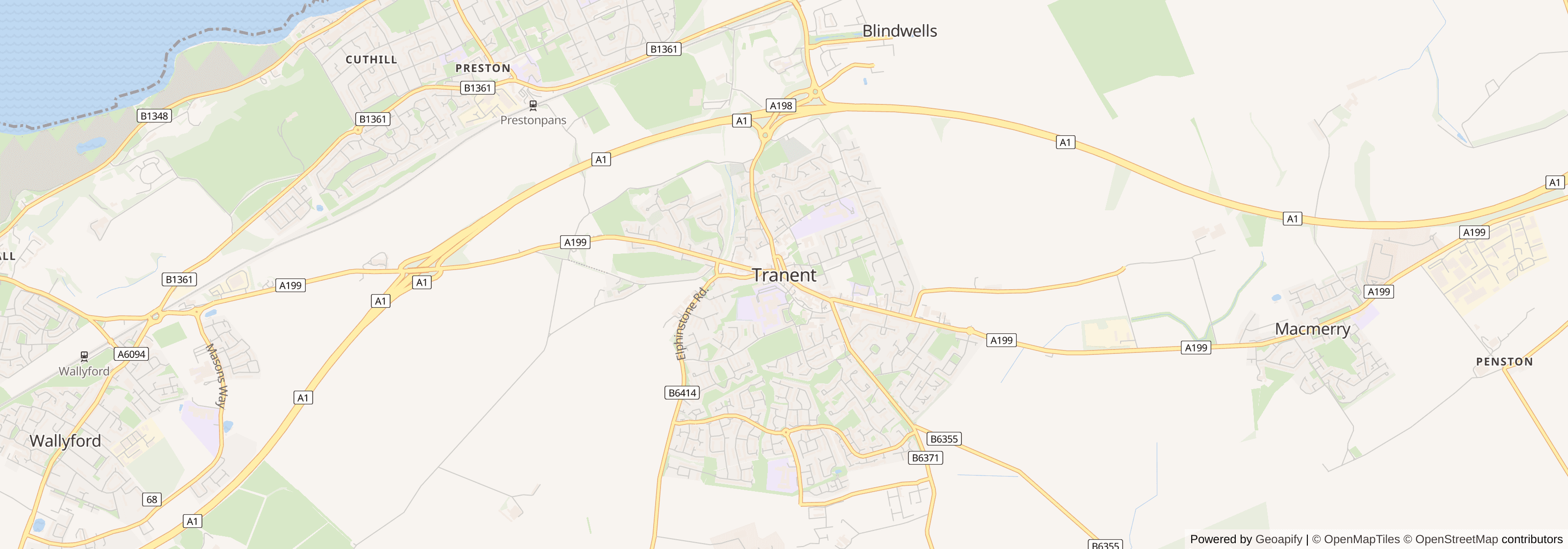 Street map of Tranent, East Lothian showing main roads and nearby areas