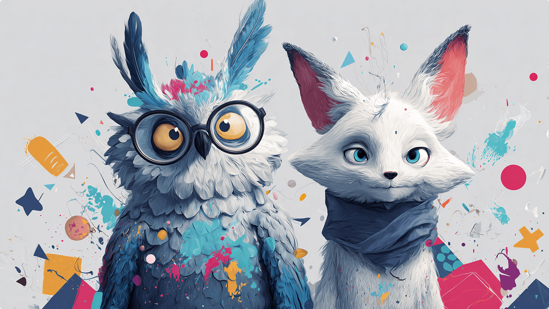 Stylized owl wearing glasses and a white fox with blue eyes.
