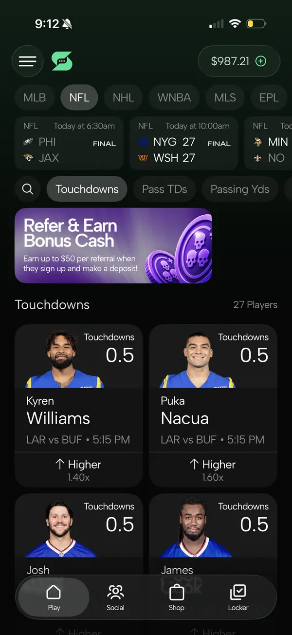 SmackTok app showing NFL touchdown player picks with higher multipliers