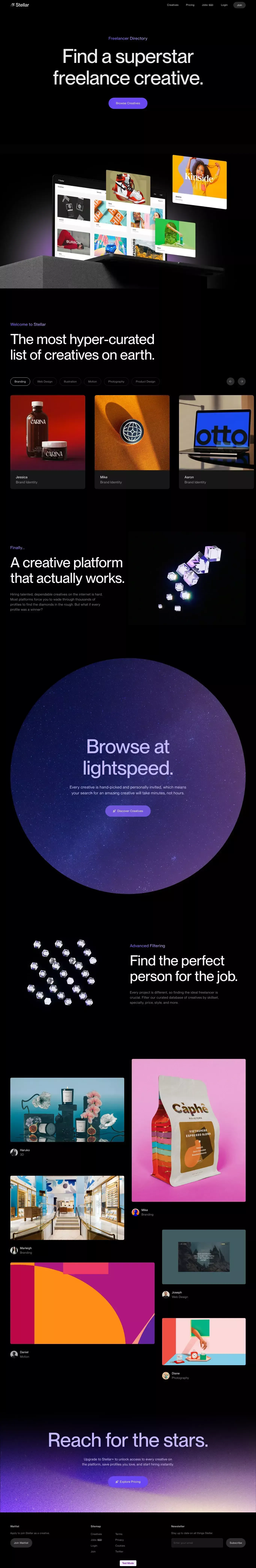 Stellar landing page screenshot showcasing Design and HR design