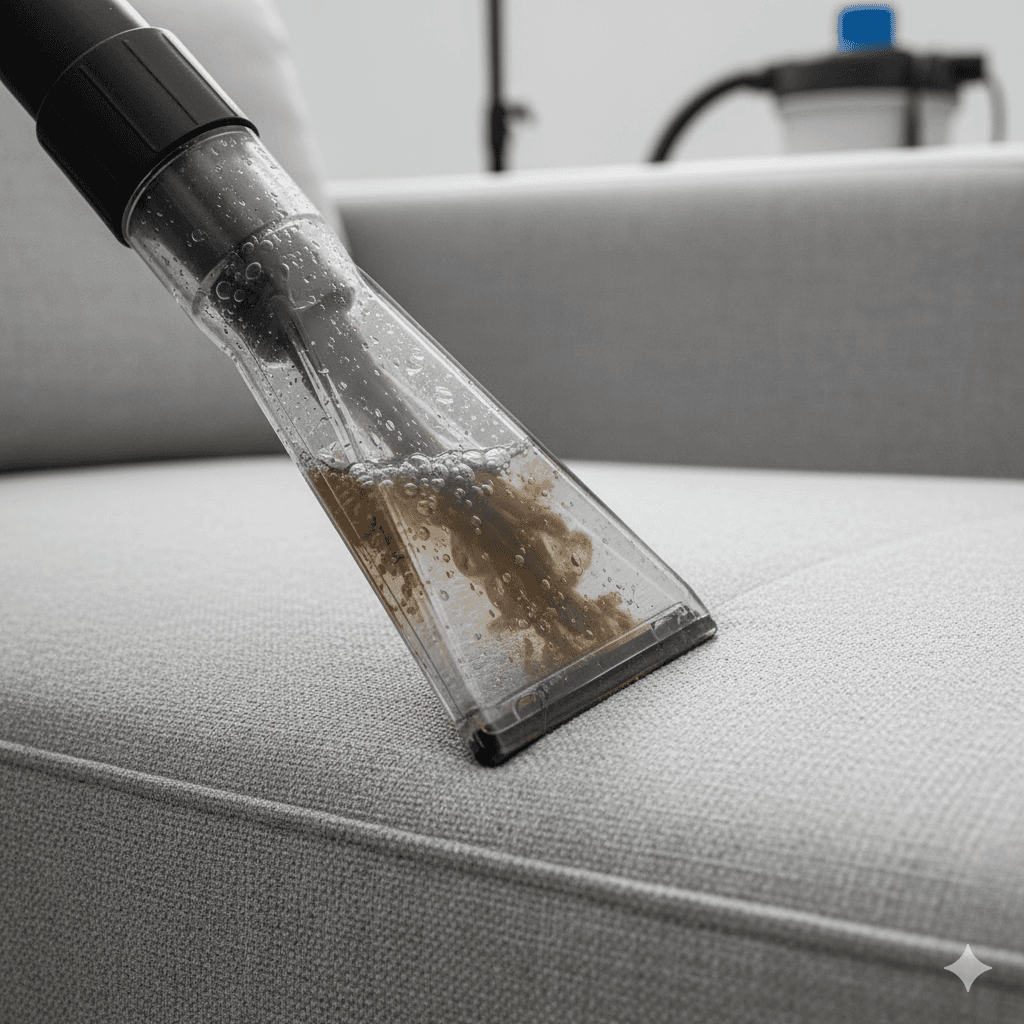 Sprühextraktionsgerät saugt Schmutzwasser aus hellem Sofa
