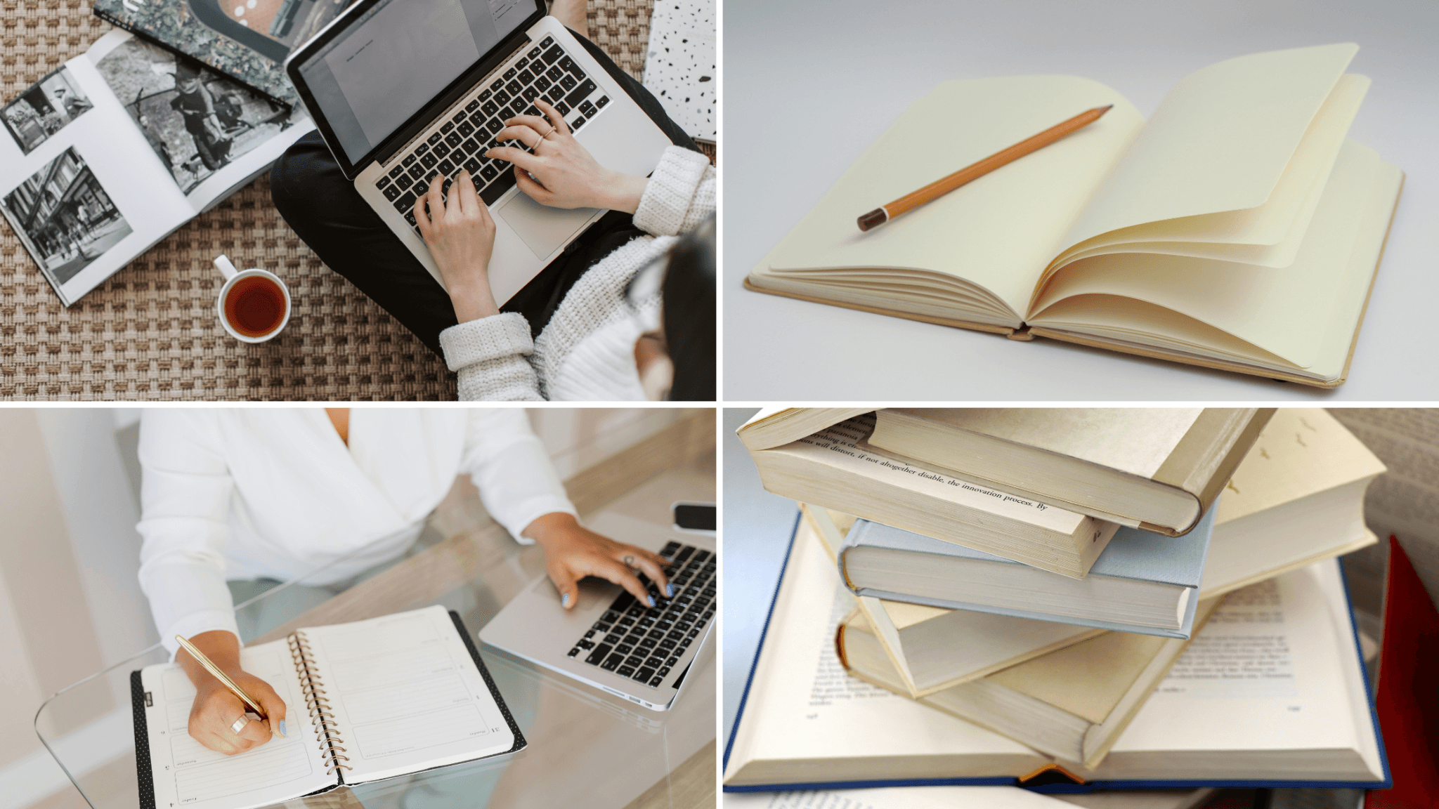 Collage of academic writing and research materials
