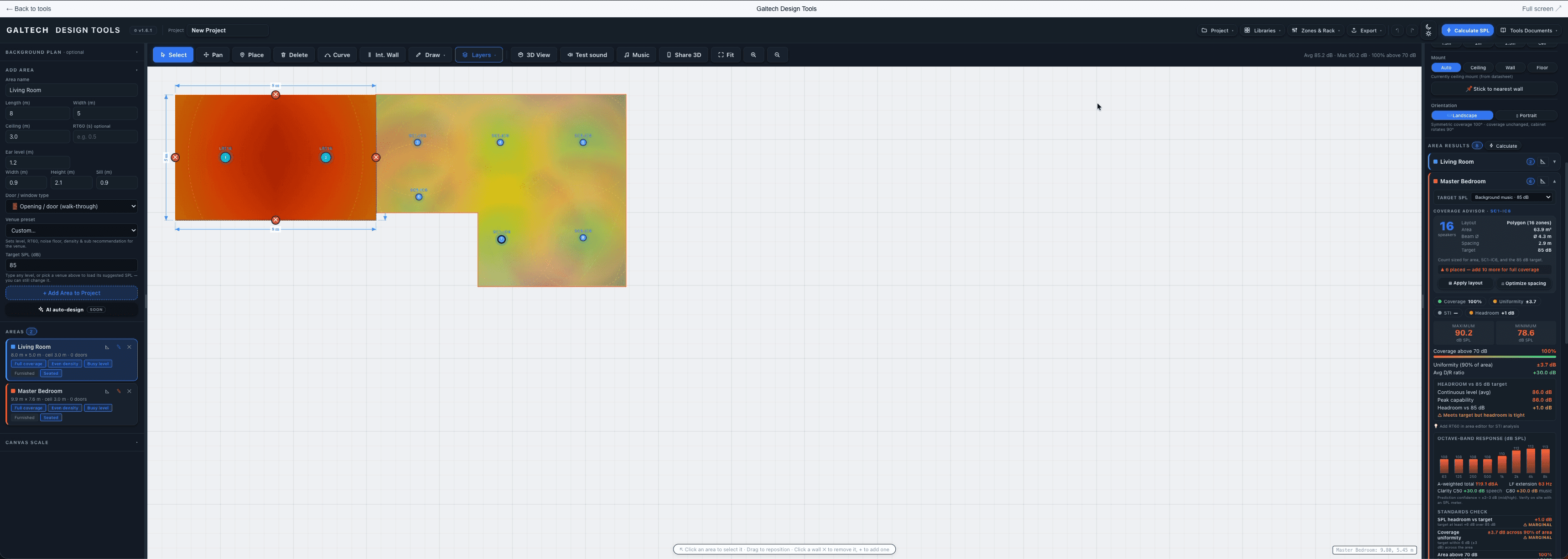The 2D design canvas with the results panel and standards scorecard