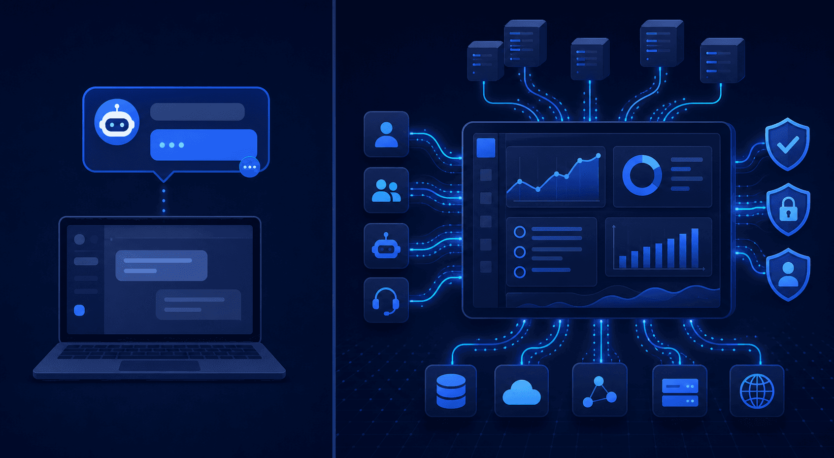 A split-scene illustration showing two contrasting scenarios: on the left, a small chat bubble widget floating above a simple laptop screen representing a basic chat tool at small scale; on the right, a complex enterprise dashboard with multiple interconnected nodes, flowing data streams, compliance shields, and system connectors representing high-volume automated support infrastructure. Clean flat design style, dark navy and electric blue color palette, no text or labels anywhere in the image.