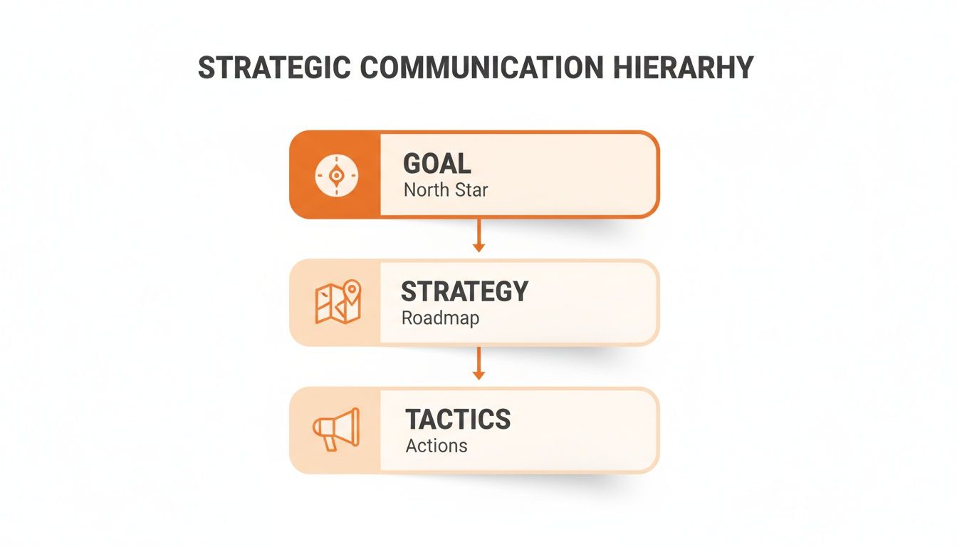 Diagram illustrating the strategic communication hierarchy with Goal, Strategy, and Tactics.