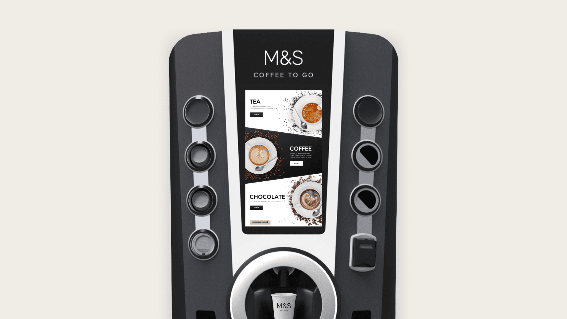 A full view of the M&S "Coffee to Go" machine, showcasing the final product design, with the user interface clearly visible on the screen, ready for a customer to interact with.