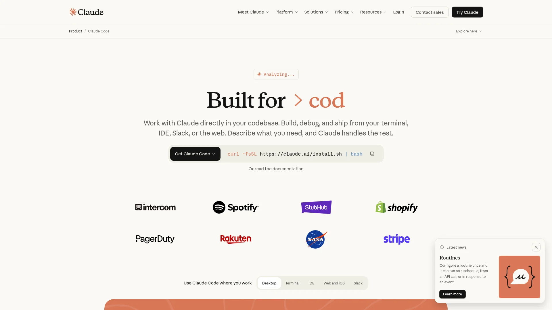 Screenshot of the Claude Code product page at claude.com showing the Built for code hero section and install command