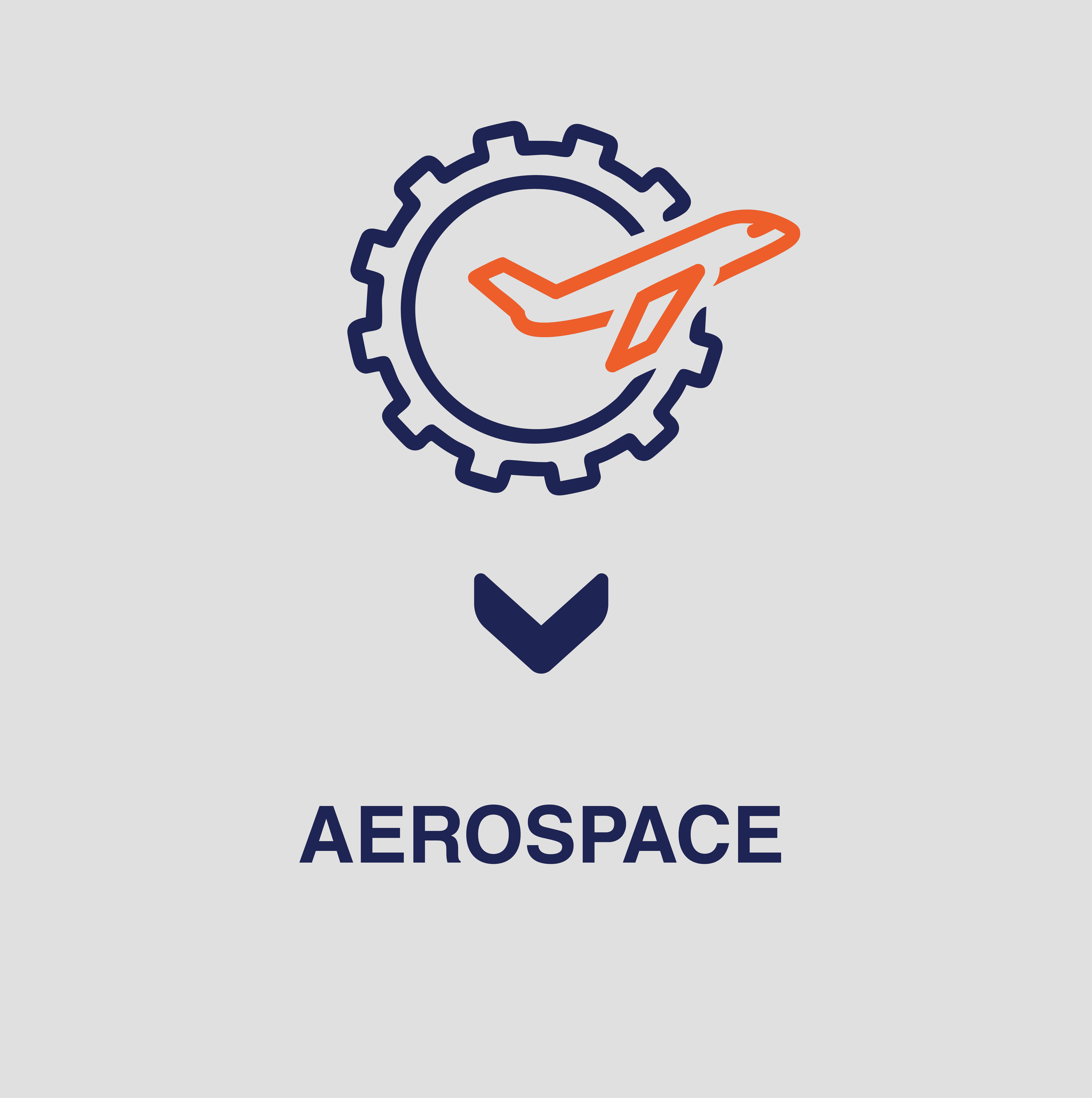 icon of an orange plane in front of a blue cog wheel on a white background with blue text saying aerospace