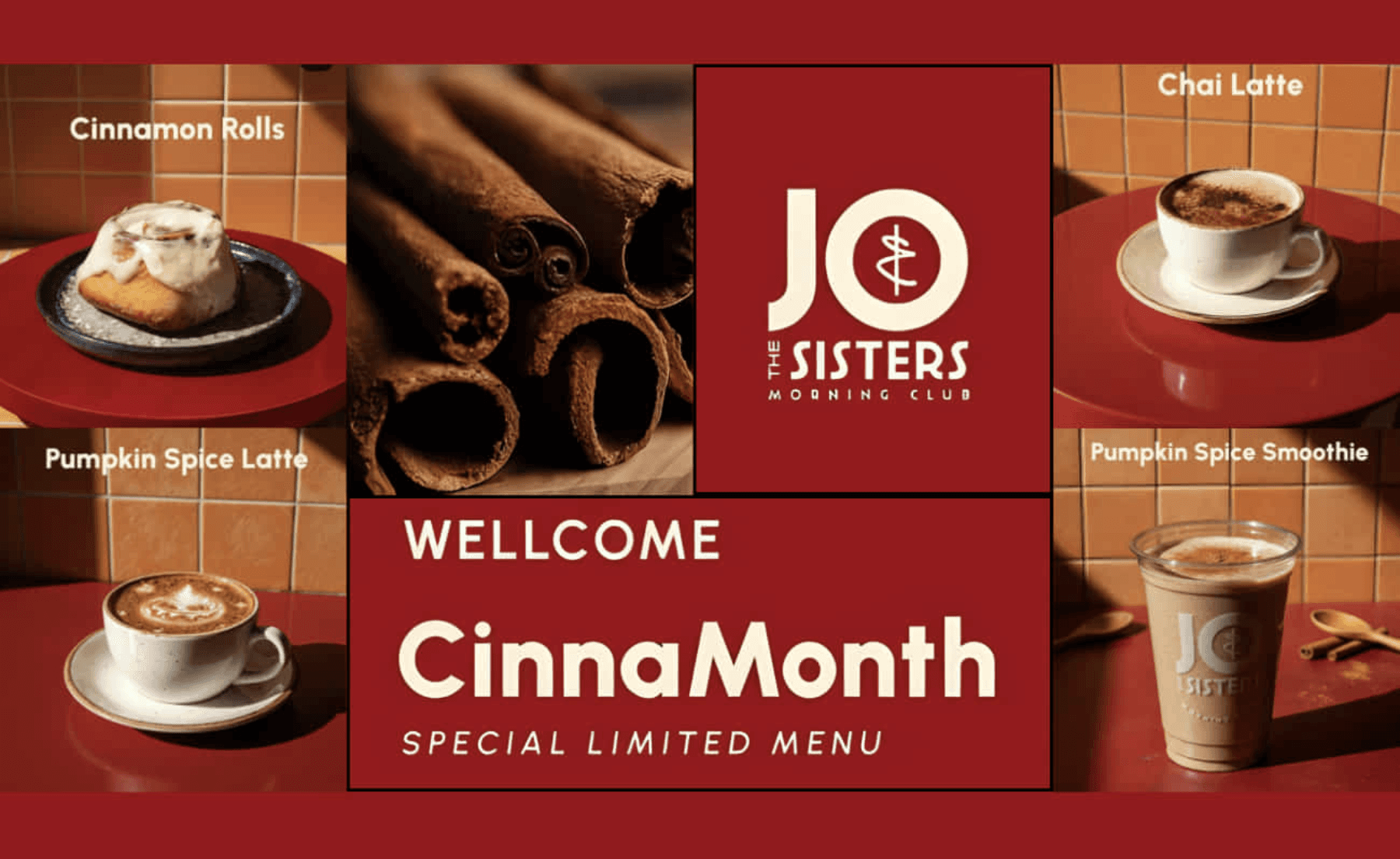 CinnaMonth special menu at Jo & The Sisters breakfast bar in Split featuring cinnamon rolls, pumpkin spice latte, chai latte and pumpkin spice smoothie