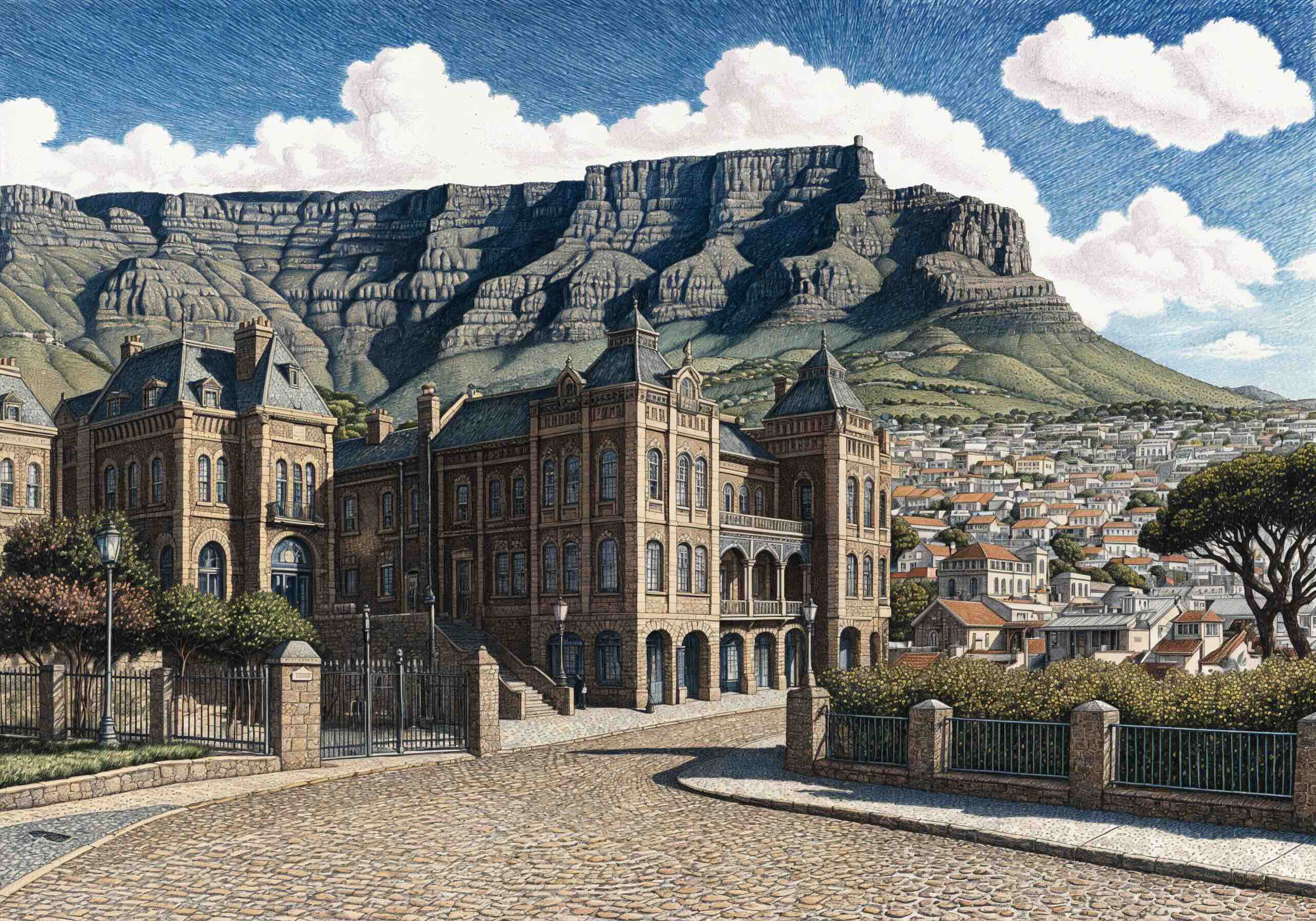 A detailed illustration of Cape Town, South Africa, featuring historic colonial-style buildings, a cobblestone street, and the iconic Table Mountain in the background.