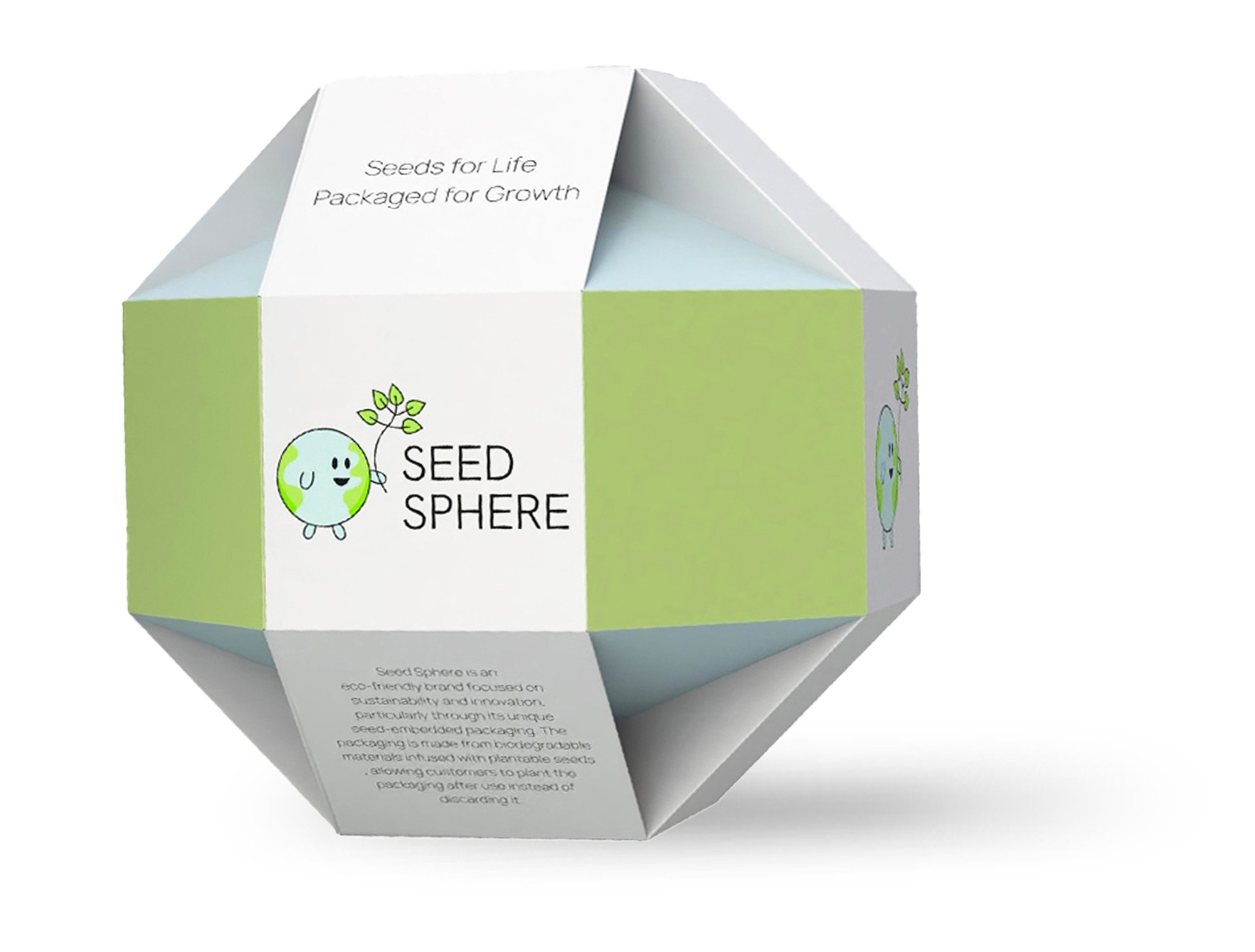 SeedSphere packaging design exploring sustainability through form, material, and nature-inspired geometry