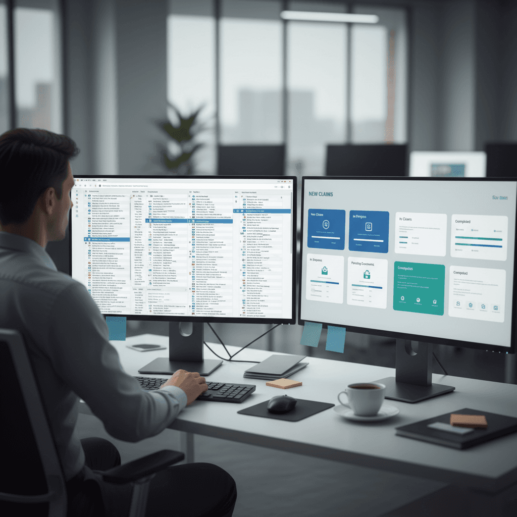 Insurance professional comparing a cluttered email inbox with a clean claims workspace