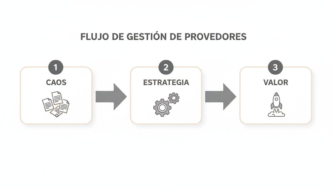 Diagrama que ilustra el flujo de gestión de proveedores, progresando del caos a la estrategia y generación de valor.