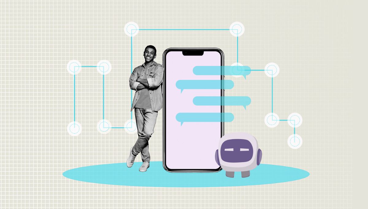 Stylized collage of smartphone chat bubbles and robot, symbolizing natural language generation.