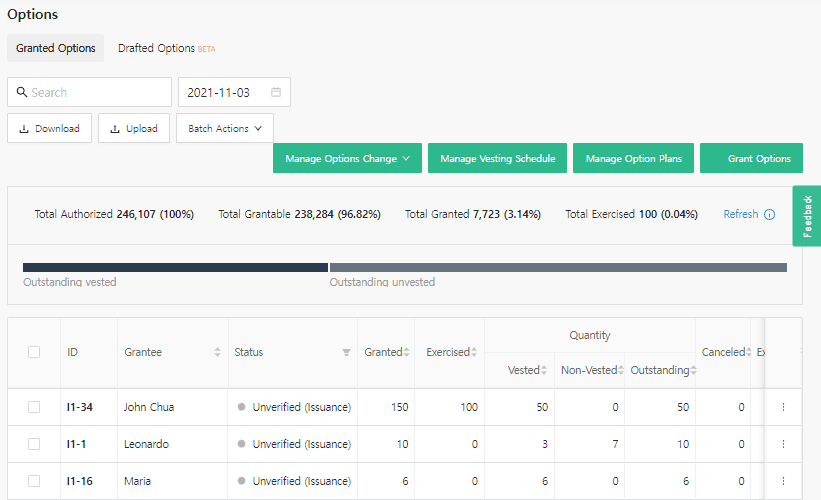 Stock options grant, vesting schedule management, option contract writing all availbe at QuotaBook