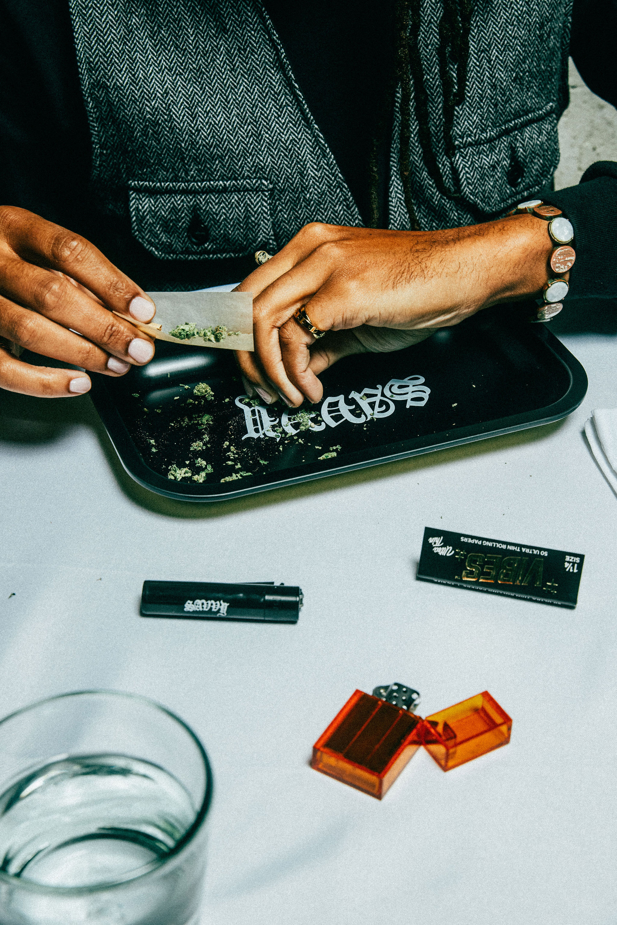Woman with fur stole and jeans from above