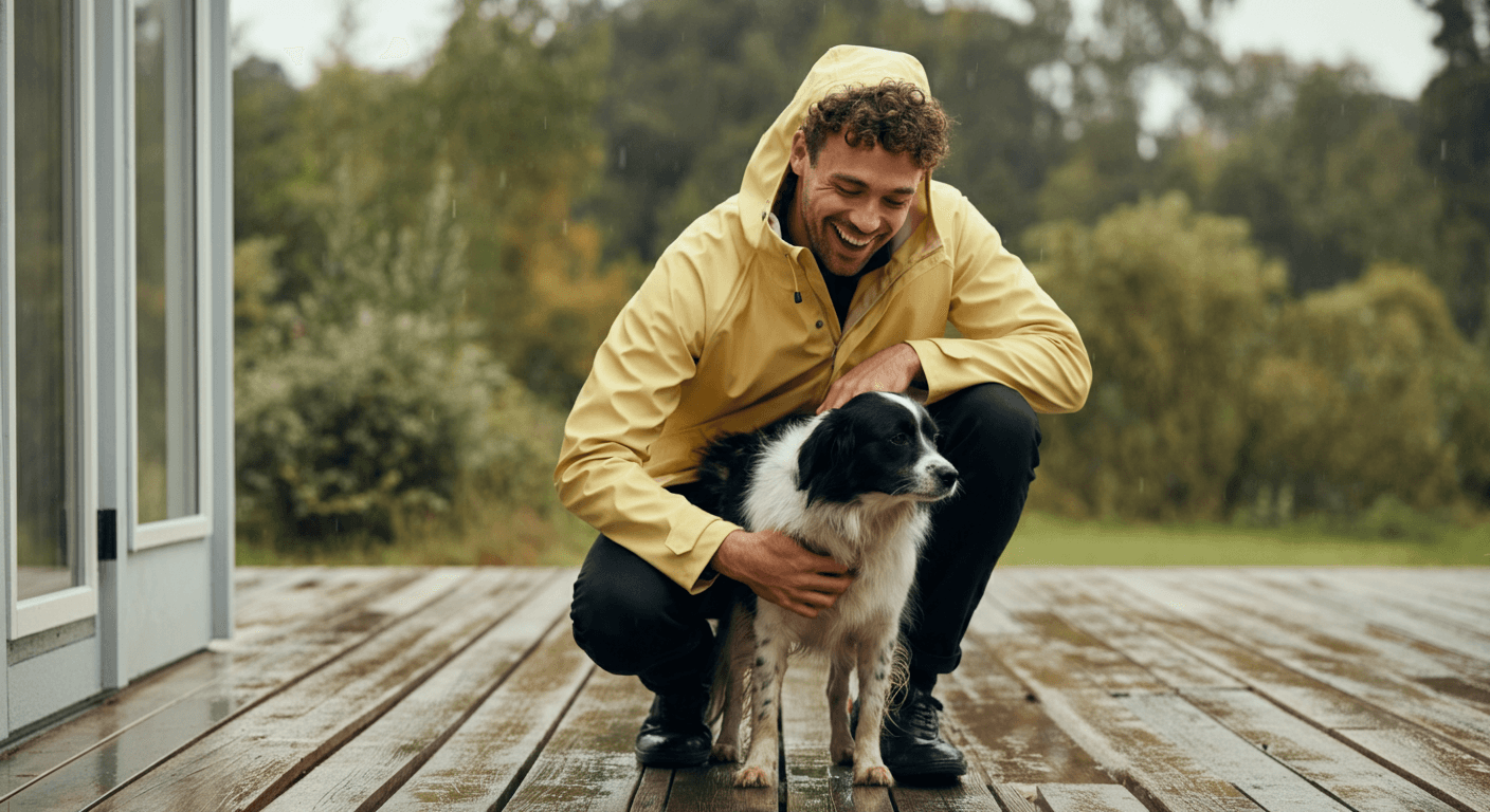Man in yellow raincoat smiles and pets his dog outside.