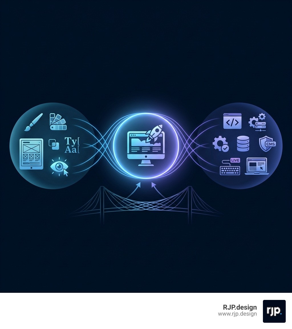Infographic comparing web design (visual elements: UI/UX, color palettes, typography, mockups, prototypes) versus web development (functional elements: HTML/CSS/JavaScript, databases, CMS integration, working code, live websites), showing how both collaborate to create a successful website - website design development infographic 
