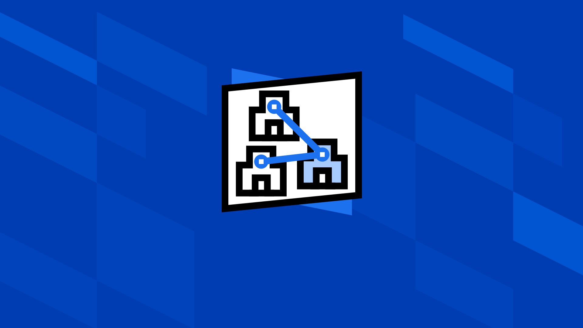 Icona con tre edifici collegati tra loro da linee blu su sfondo azzurro e blu geometrico, che rappresenta la gestione multi-società o una rete aziendale.
