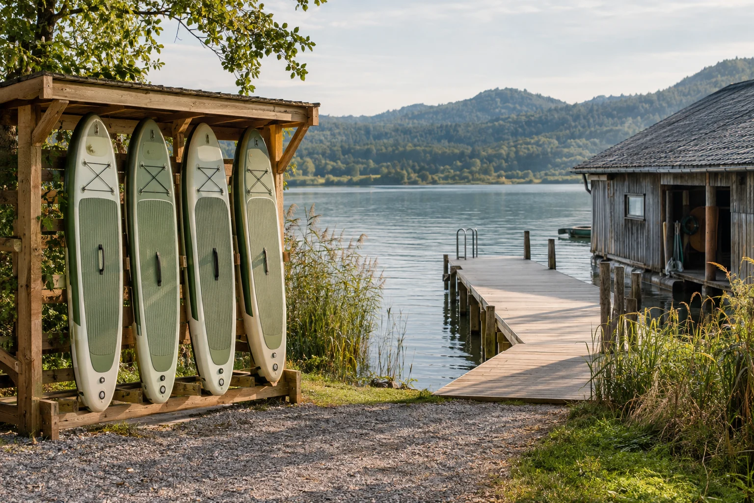 Four SUP boards in a lakeside rental rack