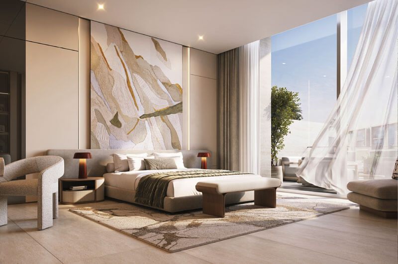 Luxury bedroom interior at Tilal Binghatti Dunes listed by our real estate agency.