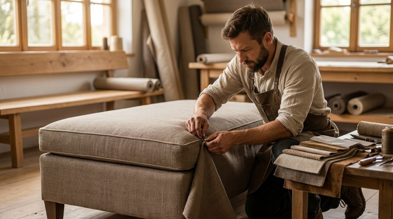 Upholsterer fitting neutral linen upholstery to a sofa cushion