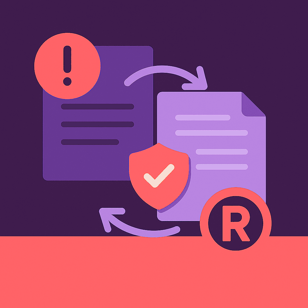 Flat Plummark-style illustration of a trade mark objection letter with a warning icon transforming into an approved document with a checkmark, linked by an arrow, symbolising responding to examiner objections.