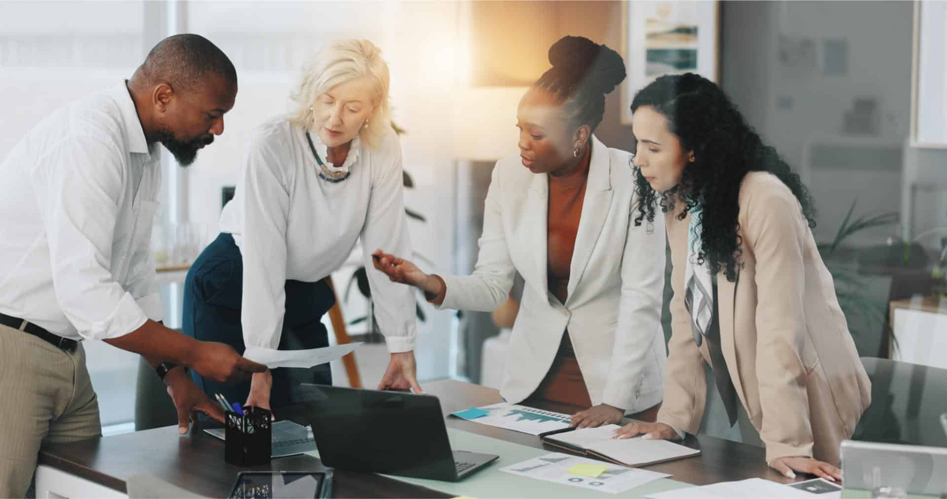 Discussion documents and group in meeting boardroom and ideas for market trends speaker and planning