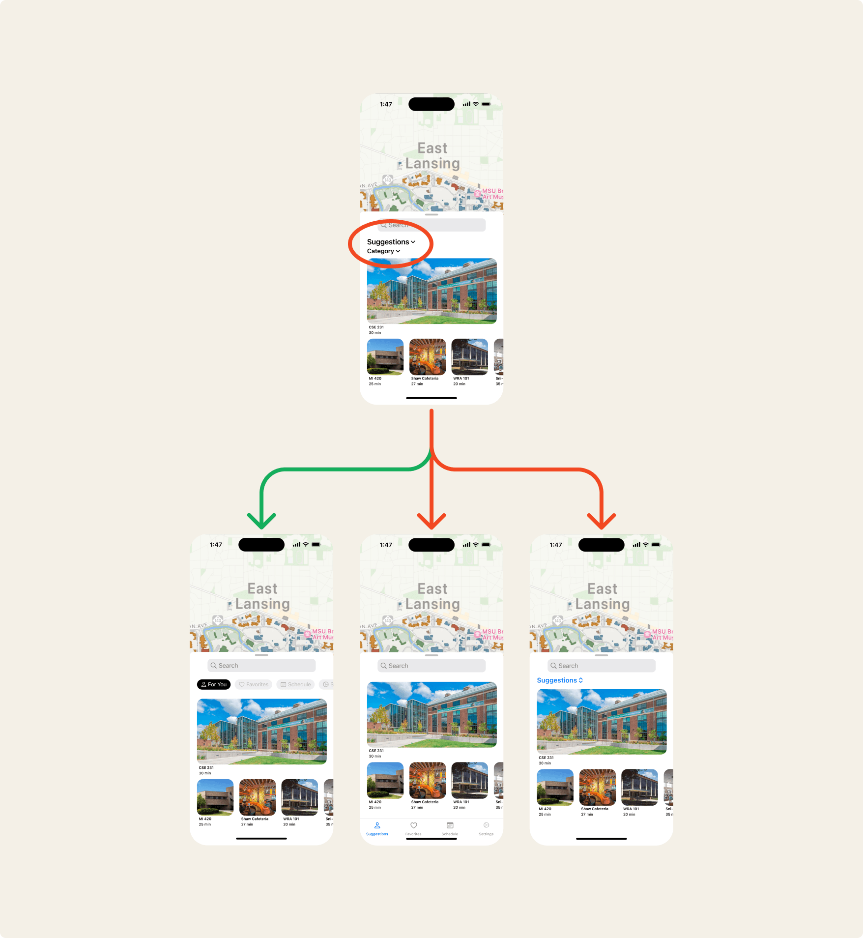 Flowchart of potential design itterations for navigation element