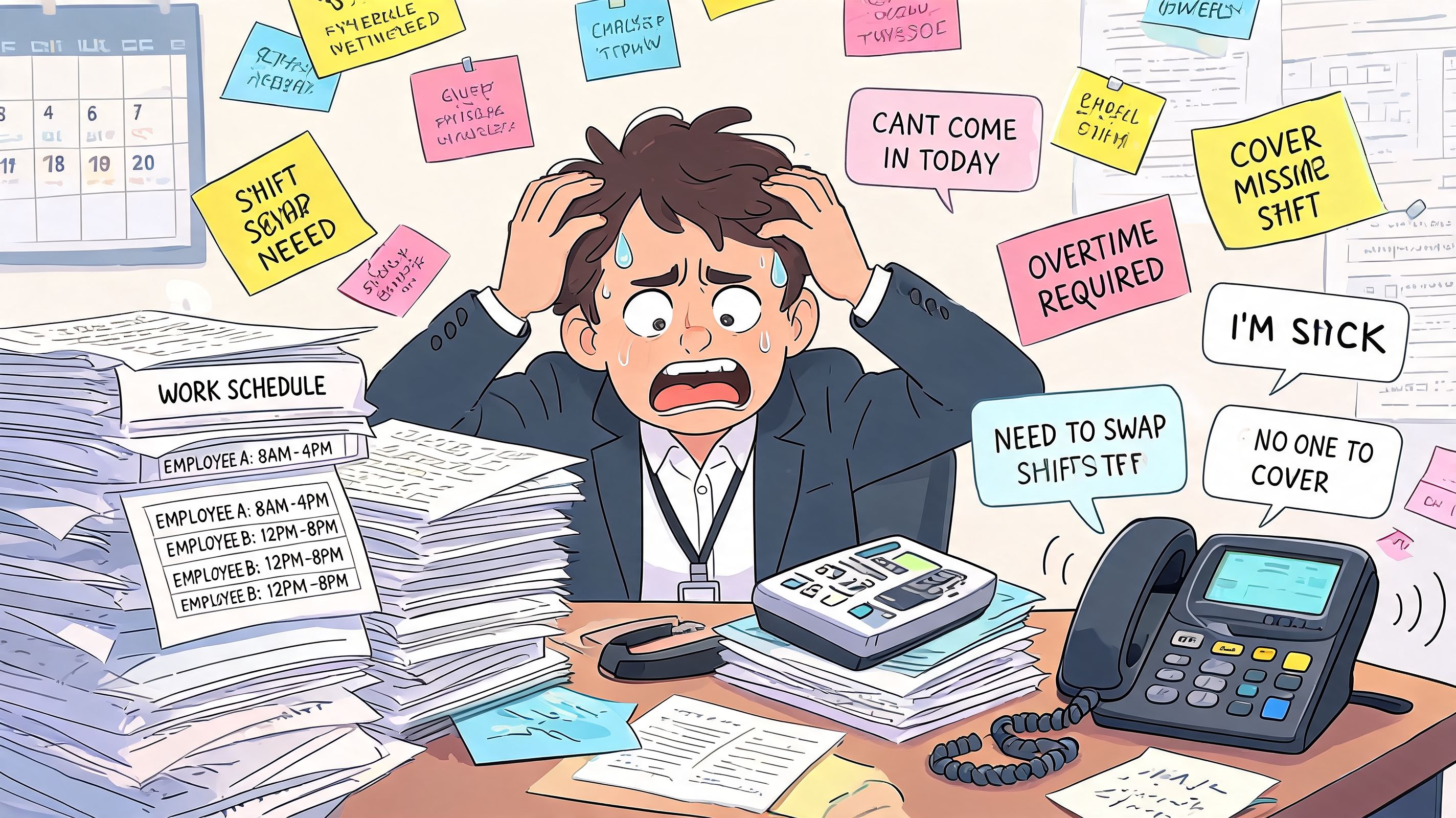 A stressed office manager overwhelmed by work schedules, phone calls, and employee requests for shift changes.