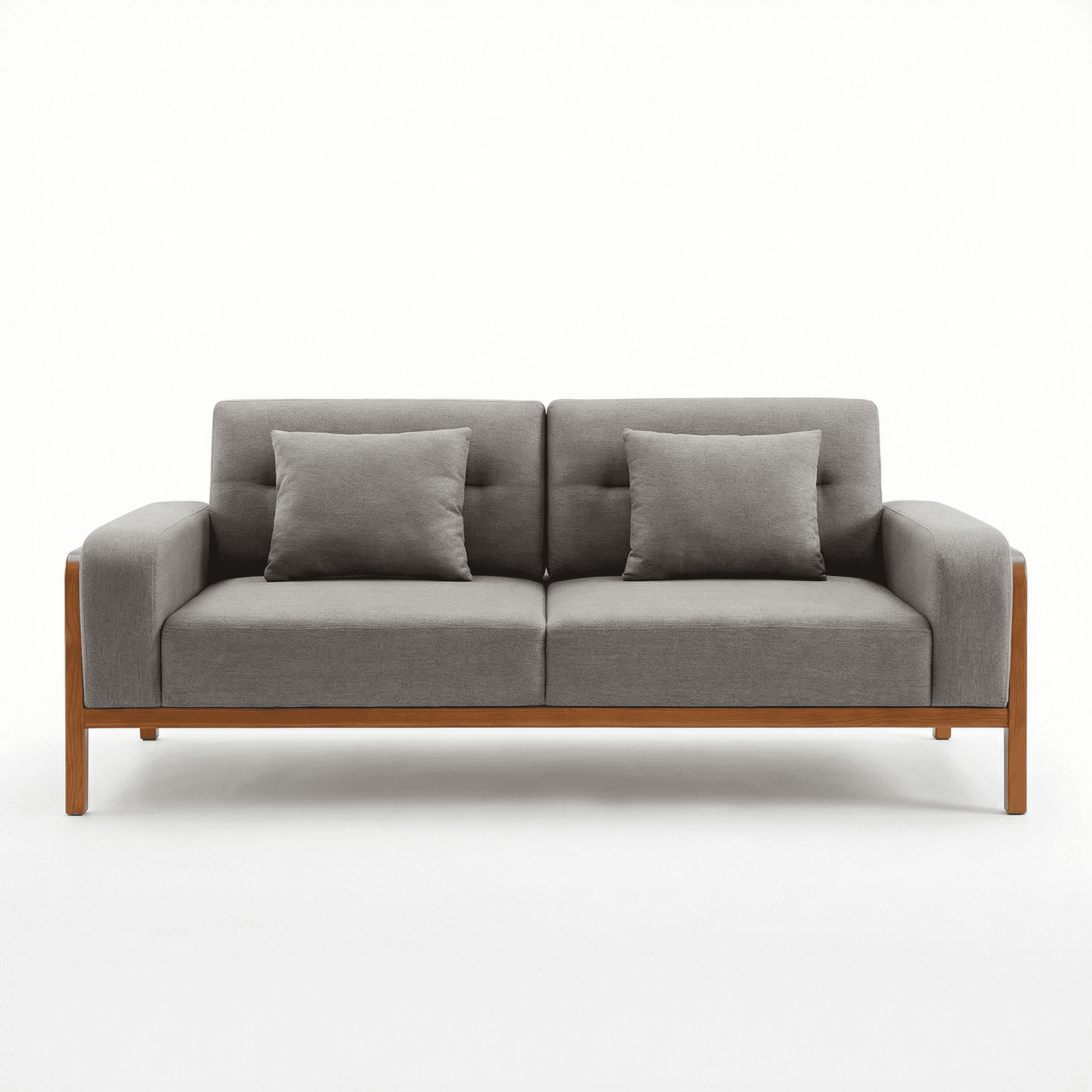 Two seater grey upholstered sofa with adjustable backrest and exposed wooden frame