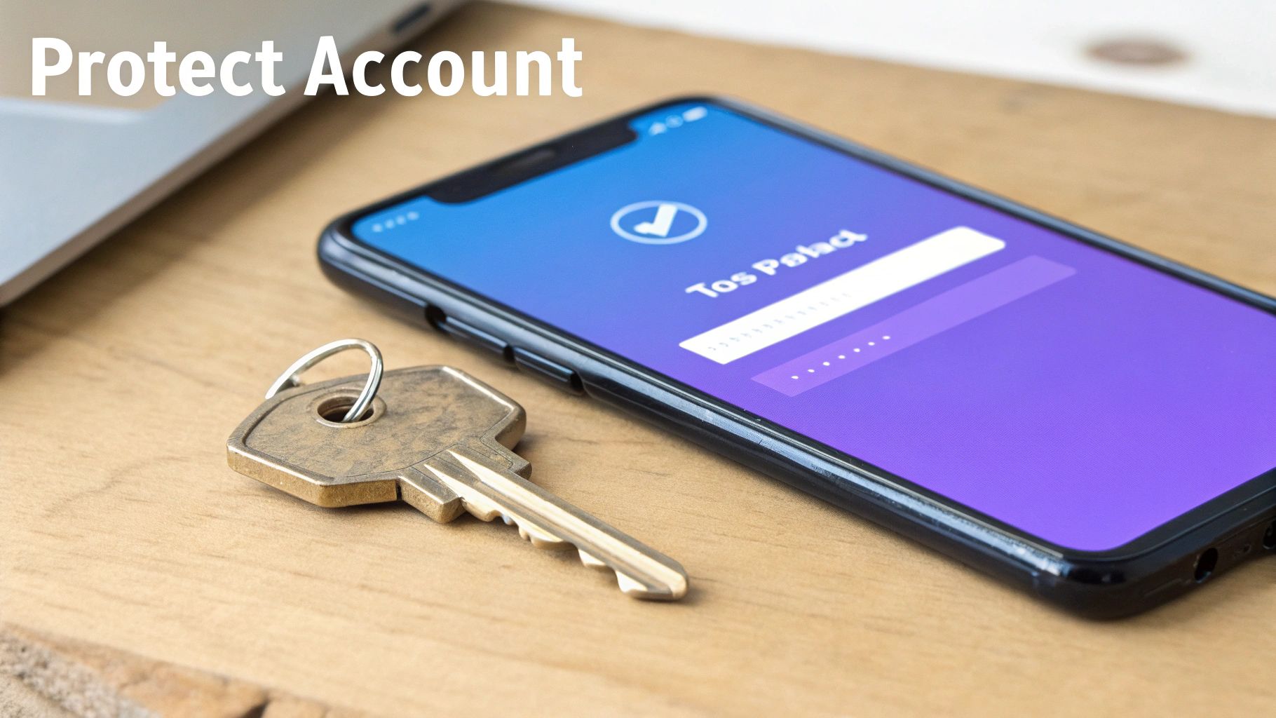A physical key next to a smartphone displaying a secure login screen with