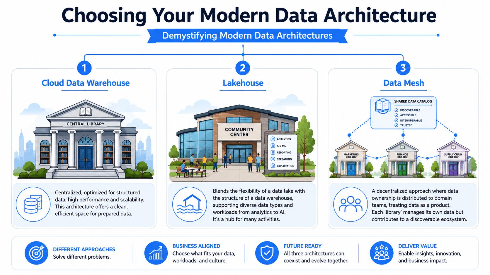 An infographic comparing three data architecture approaches: Cloud Data Warehouse, Lakehouse, and Data Mesh.
