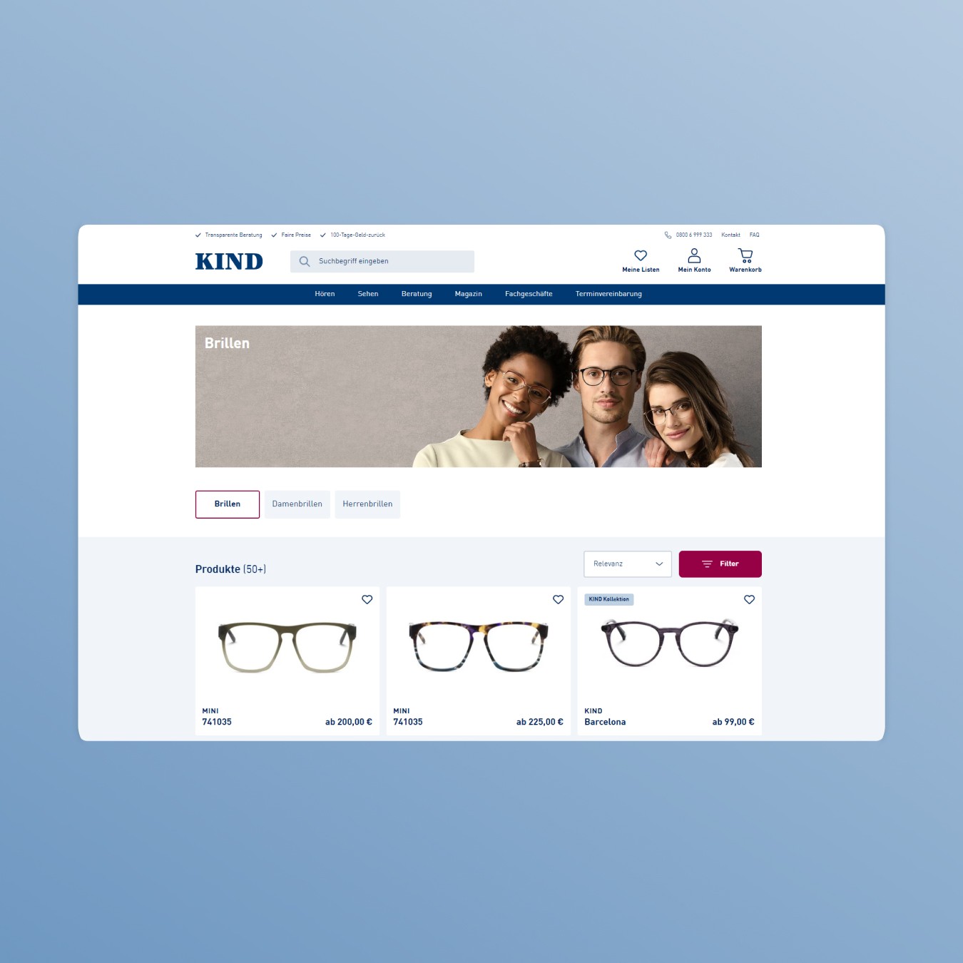Webshop von KIND für Brillen mit Produktbildern und Kategorien.