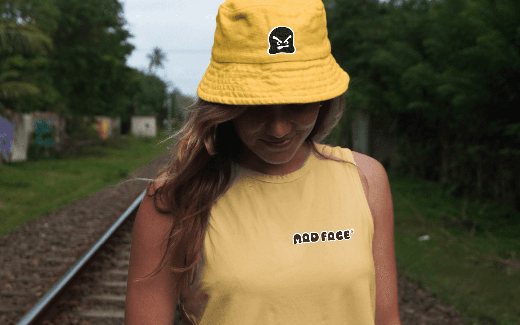 Mad Face Hat and Shirt on blonde girl