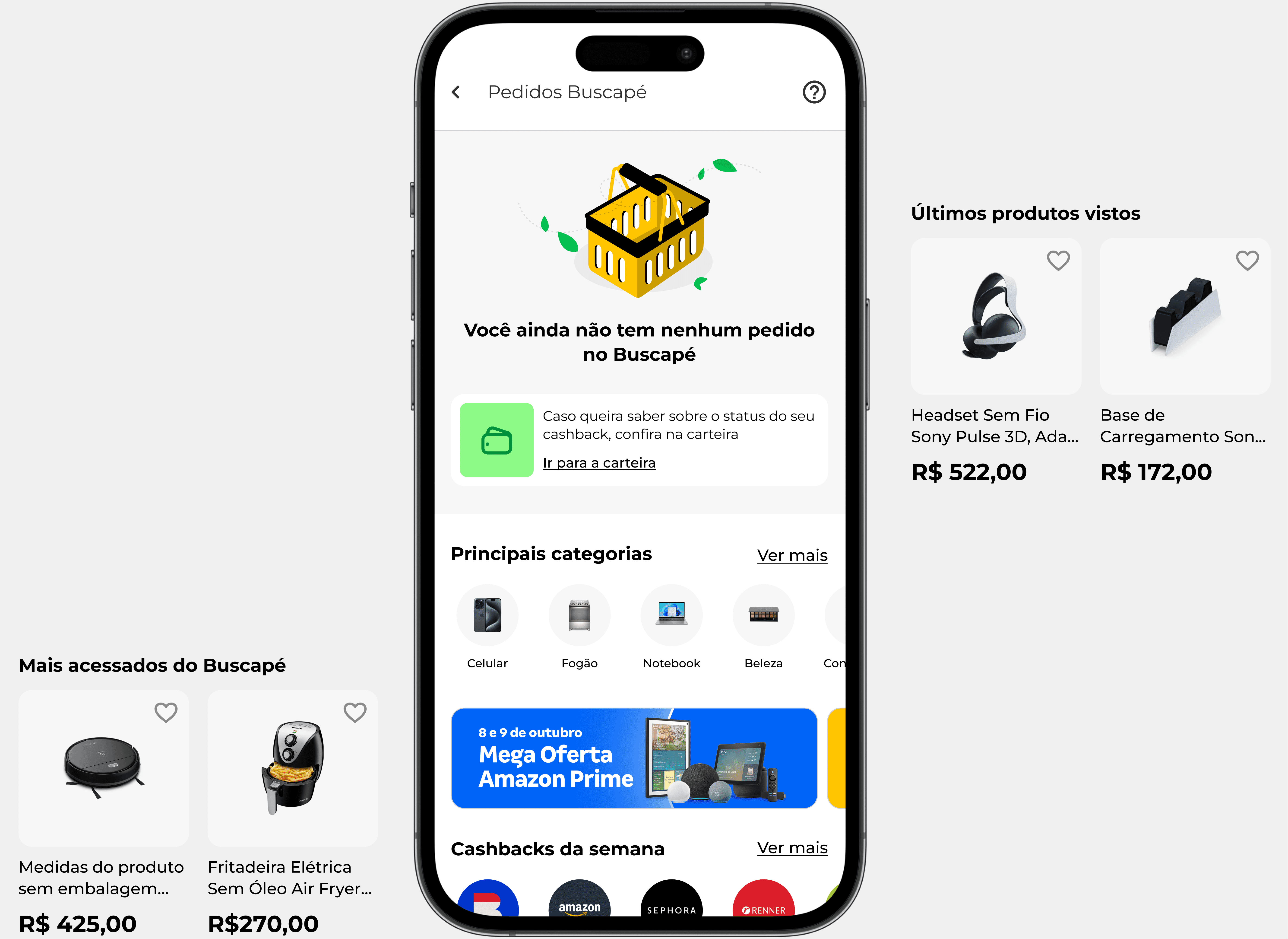 Visão geral da página de pedidos vazia no aplicativo Buscapé, com sugestões de produtos personalizadas, categorias populares e banners promocionais para incentivar novas compras.