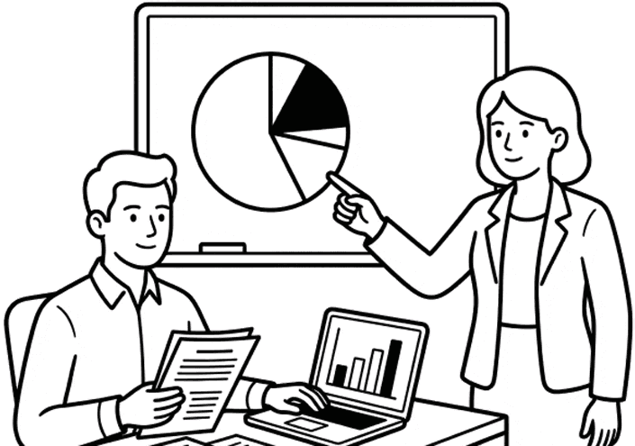 Illustration: two professionals reviewing graphs
