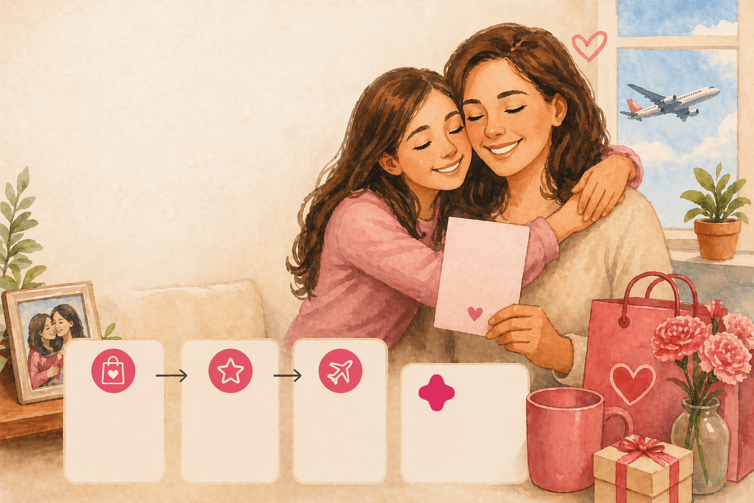 Ilustração de Dia das Mães com mãe e filha se abraçando e segurando um cartão, ao lado de presentes e sacola de compras. Elementos visuais mostram compras online gerando pontos e milhas que se transformam em viagens, conceito do app AceleraPontos para acumular mais pontos no dia a dia.