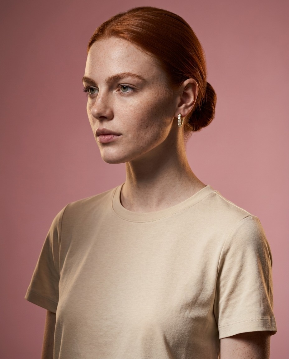 Maeve Rowan AI model wearing gold huggie hoop earrings, soft pink editorial background, elegant updo, Gemzy AI jewelry studio