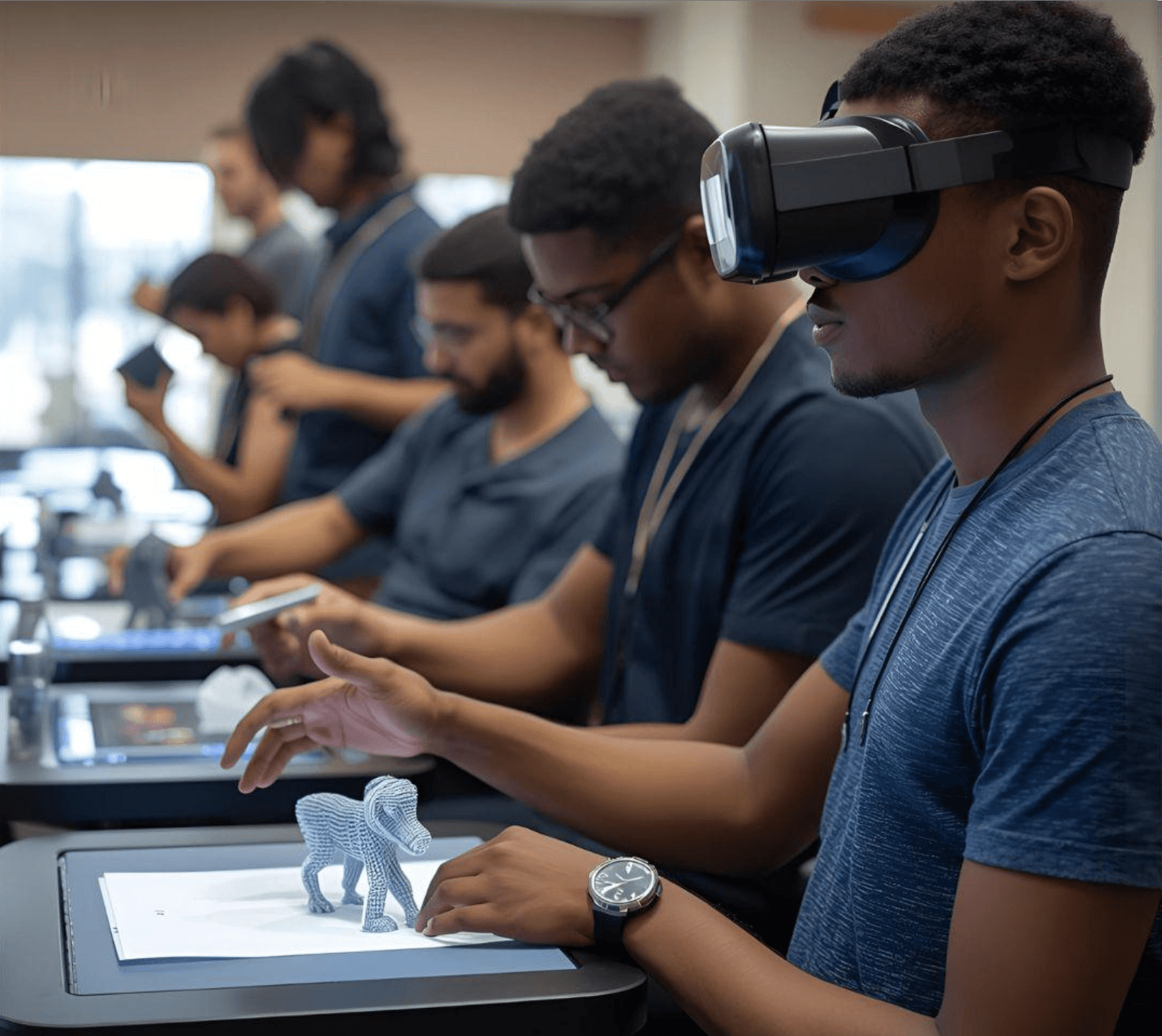 Students use augmented reality to explore complex subjects through interactive 3D models, demonstrating how AR supports hands-on learning in STEM, medical training, and other disciplines within a safe and engaging classroom environment.