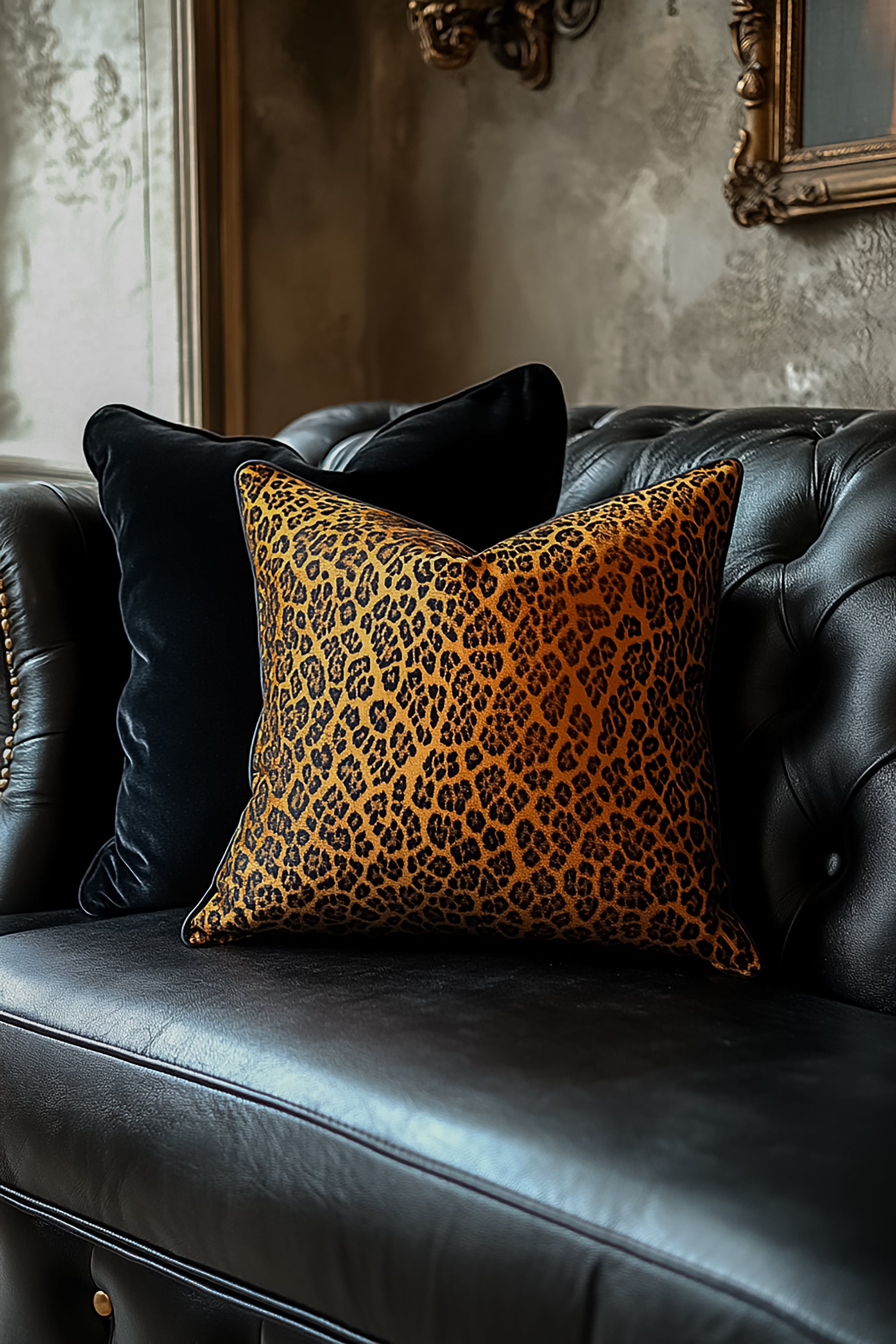 closeup of dark leather couch and leopard pillow