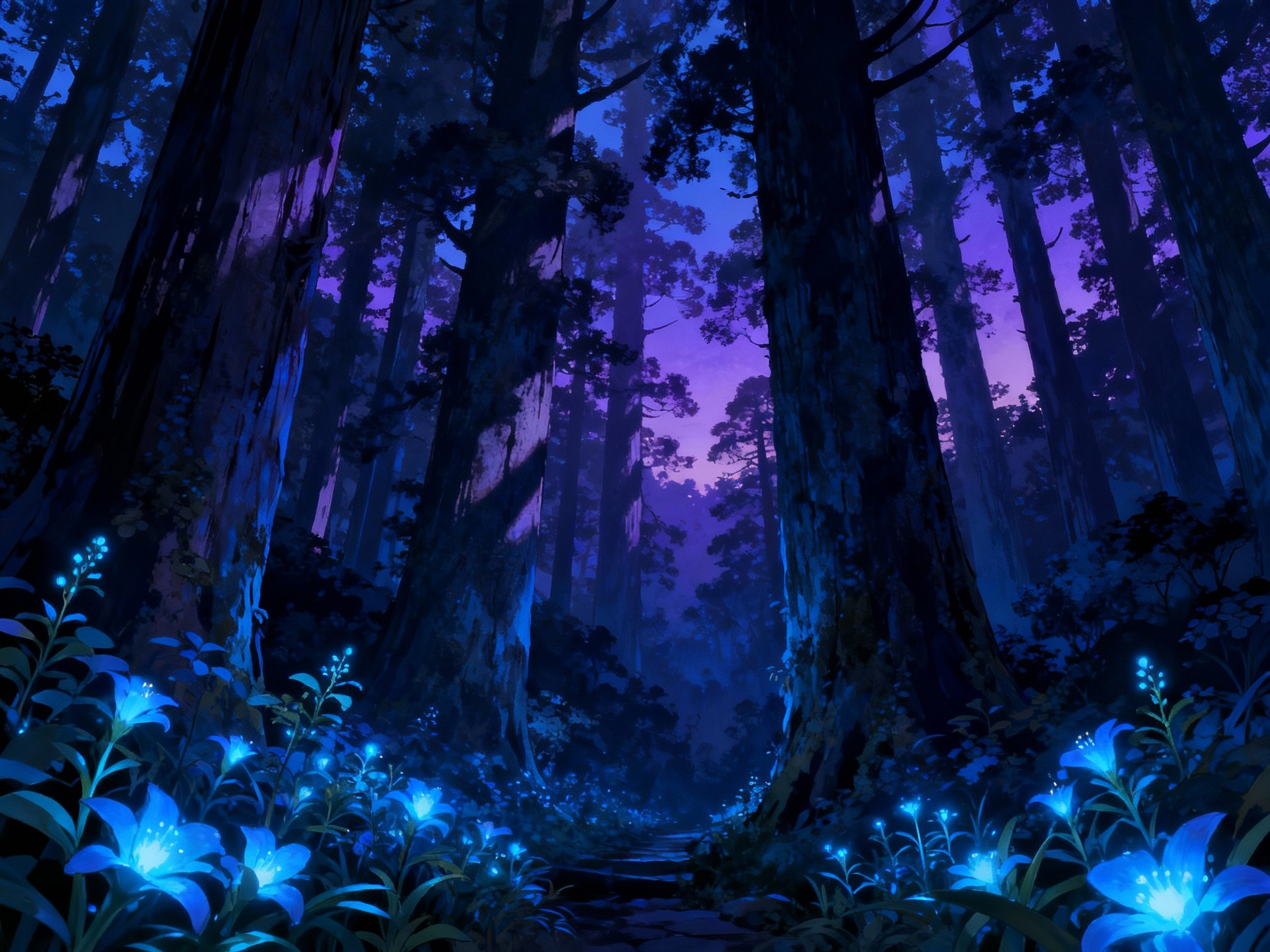 A mystical twilight view of Hirono's ancient forest, enveloped in cool blue and purple hues captured