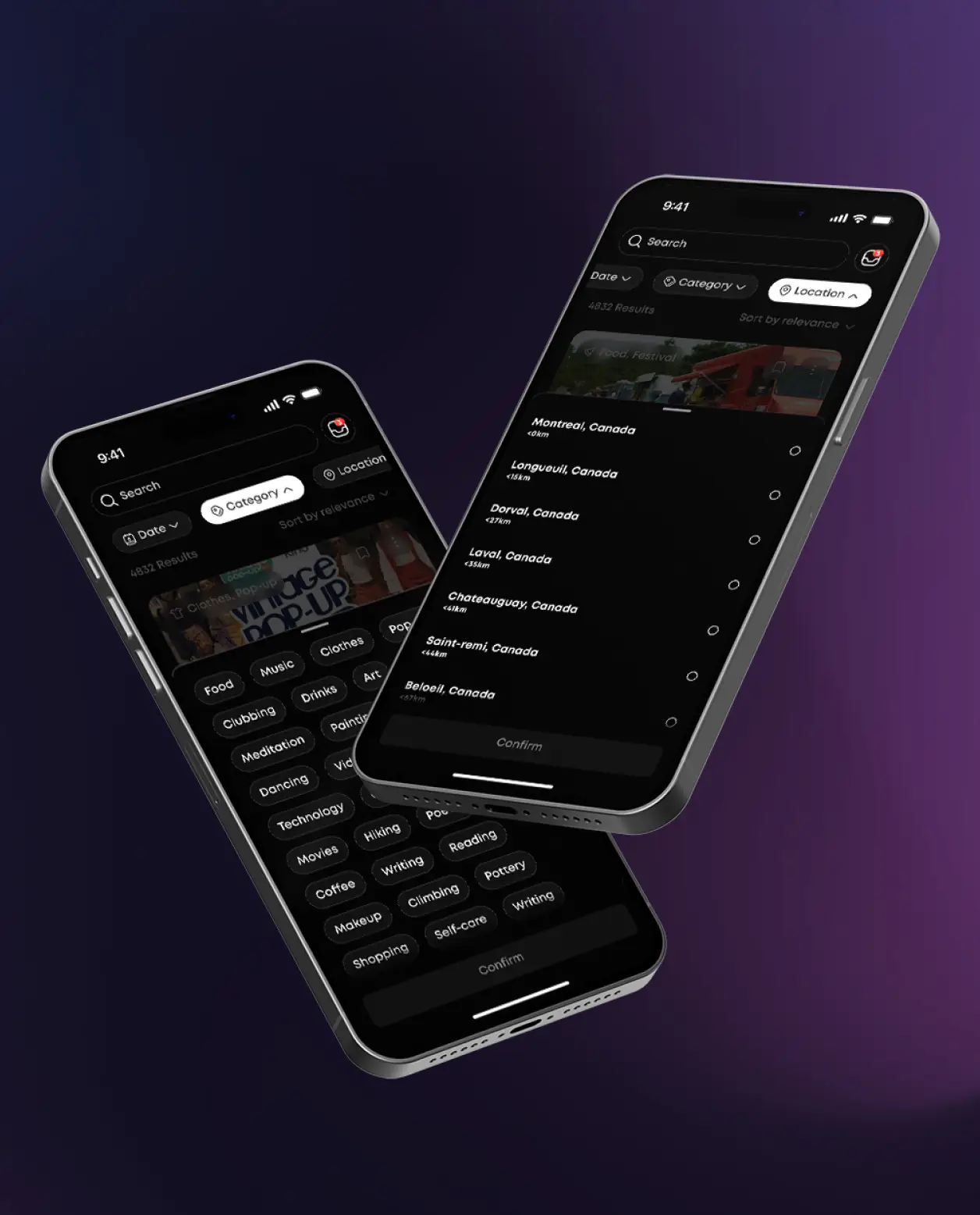 Pair of phones showcasing the filtering features inside the events page.